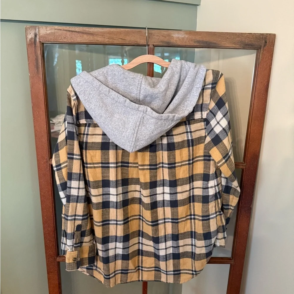 American Eagle Men’s Yellow and Gray Hooded Plaid Flannel Jacket Size Small